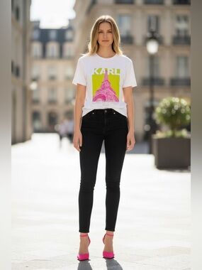 121 • Karl Lagerfeld White Graphic Tee with Neon Yellow and Pink Eiffel Print